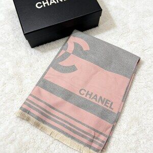 CHANEL Pink Gray Striped CC Signature Scarf